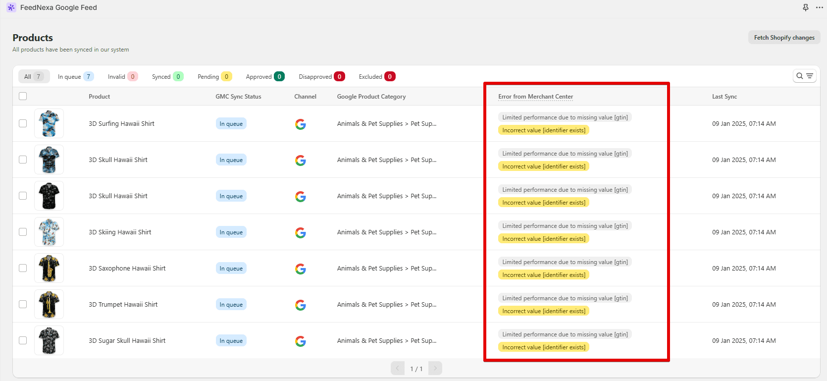 FeedNexa displays all errors from Google Merchant Center