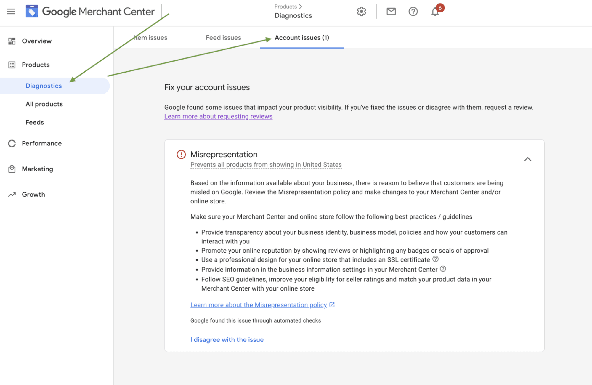 Check the Issue Google Merchant Center Misrepresentation