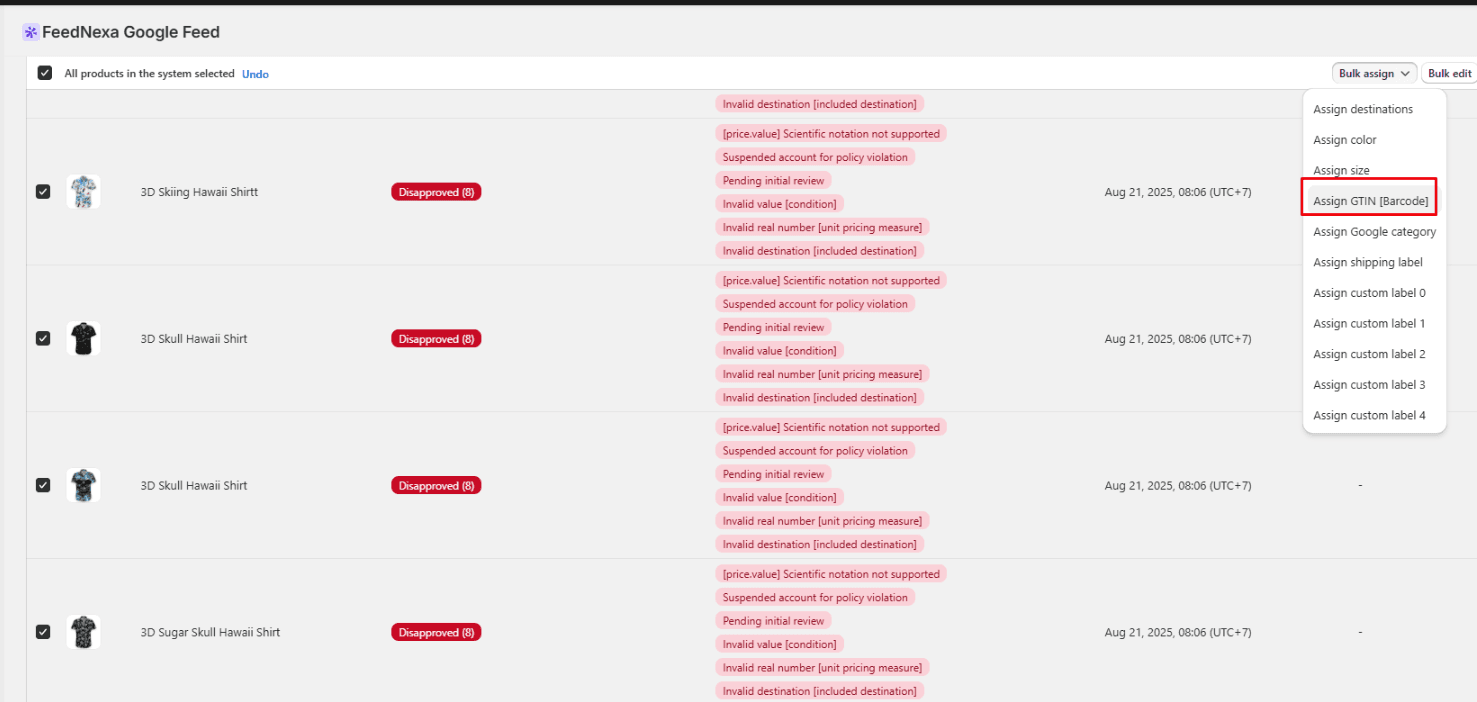 assign GTINs in bulk using a dedicated interface